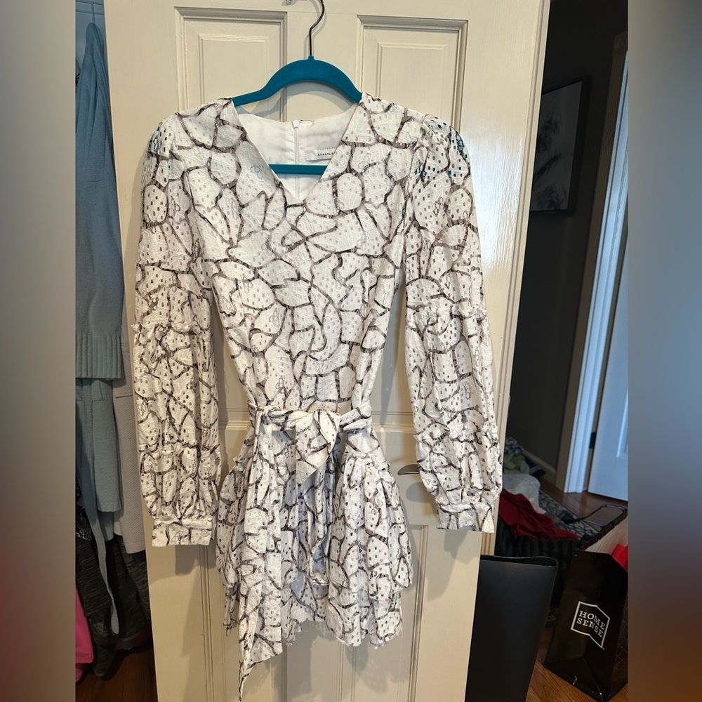 Avantlook White Dress with Brown Floral Eyelet Pattern
